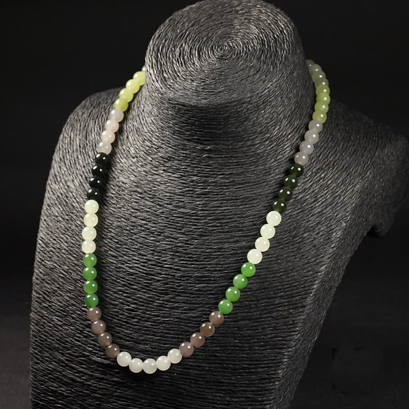 和田玉-七彩圆珠项链